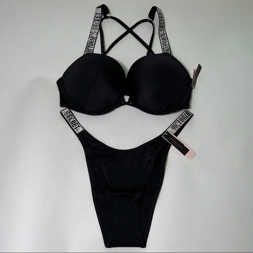Victoria Secret 34A S Bombshell Push Up Top Bikini Set Shine Strap LOGO Black